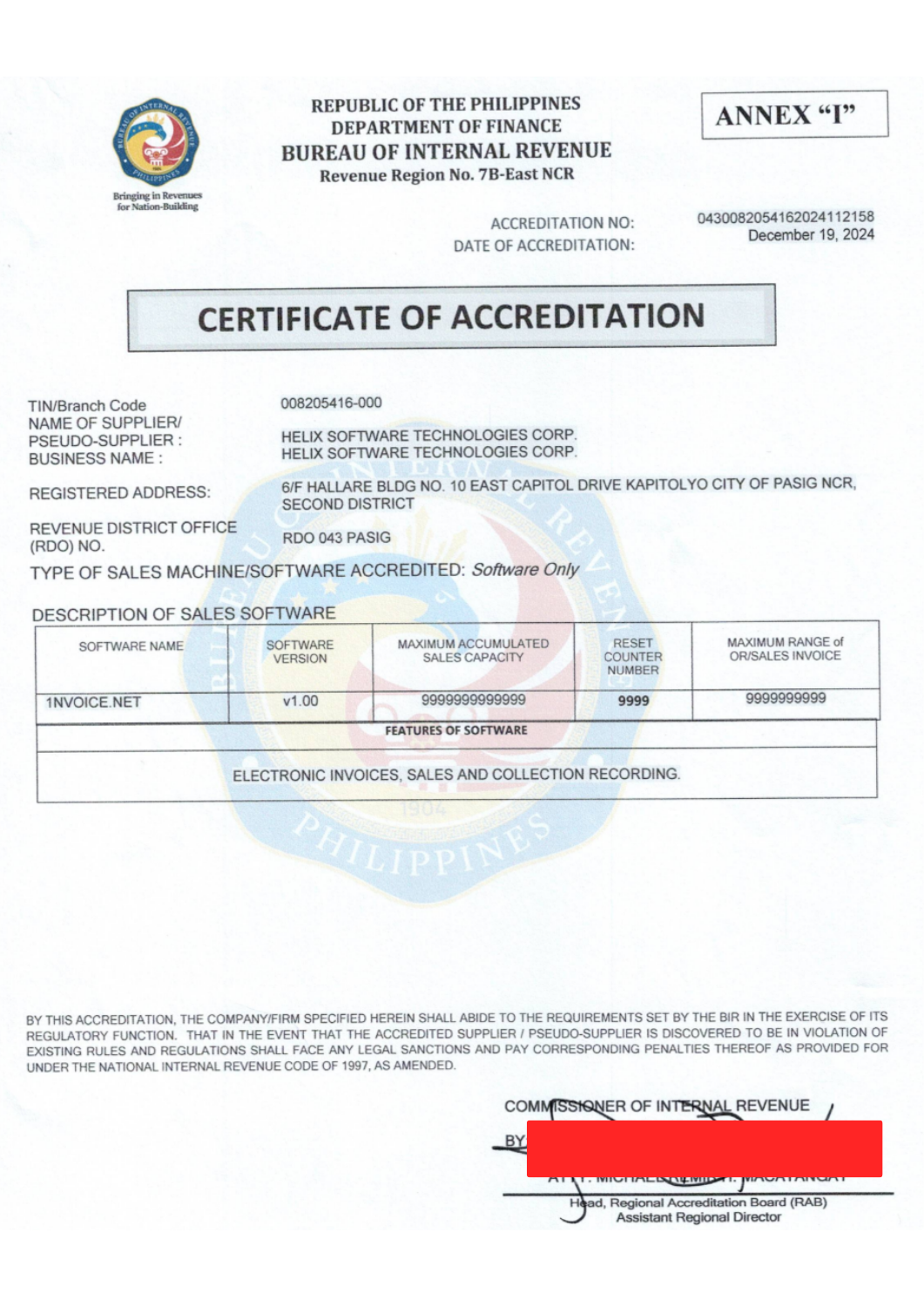 BIR EIS Accreditation Certificate for OneInvoice